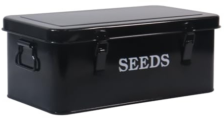 ZoeQide Saatgut Aufbewahrung Box 4 Fächer Samen Organizer Schwarz Metall | Saatgutbox mit Griff und Verschluss, ordnet Samentüten, Pflanzenetiketten und kleines Gartenzubehör für Garten und Schuppen