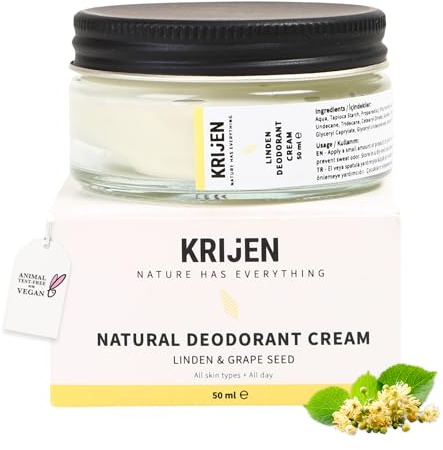 Krijen Crema deodorante per fiori di tiglio, 50 ml, priva di alluminio e vegano, contro sudore e macchie, per pelli sensibili, per donne e uomini, delicato sulla pelle, forte contro gli odori