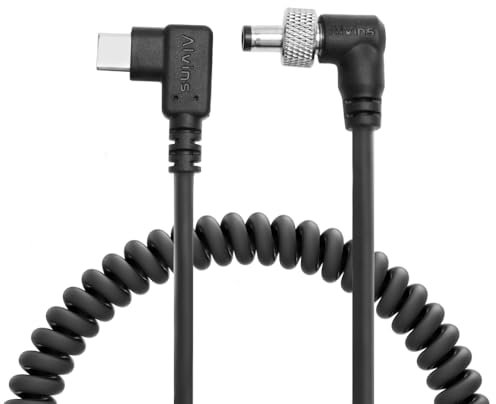 Alvin's Cables PD Câble d'alimentation spirale USB-C Type-C vers DC 12 V avec verrouillage pour Atomos Shogun, Blackmagic Video Assist, Hollyland Mars à angle droit