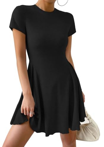 EIRUKON Sommerkleid Damen Kurzarm Rundhals Minikleid Sommer A Linie Swing Kleider Bodycon Elegant T Shirt Kleid Kurz Freizeitkleid,Schwarz,L