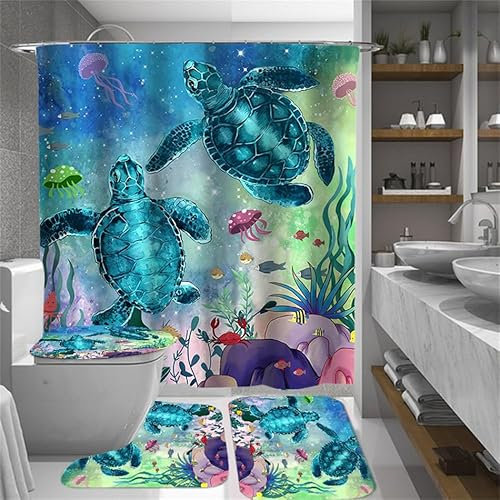 Badezimmerteppich Meerestiere Badteppich rutschfest Waschbar Badgarnitur 4 Teilig – Badematte Set Mit Wc-Vorleger Und Badematte,Teppich Badezimmer Für Sicherheit Und Komfort Im Bad 45X75Cm
