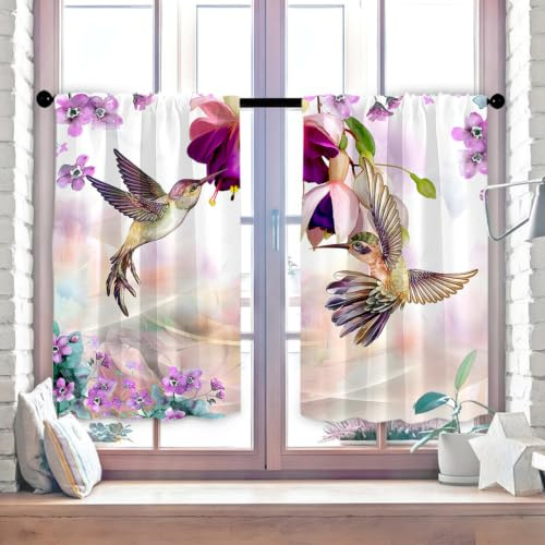 Highdi Scheibengardinen Küche Modern, 3D-Druck lichtdurchlässig Bistrogardine mit Rod Tasche | Küchengardinen Fenstergardinen Landhausstil -2er Set H100 x B80cm, Kolibri