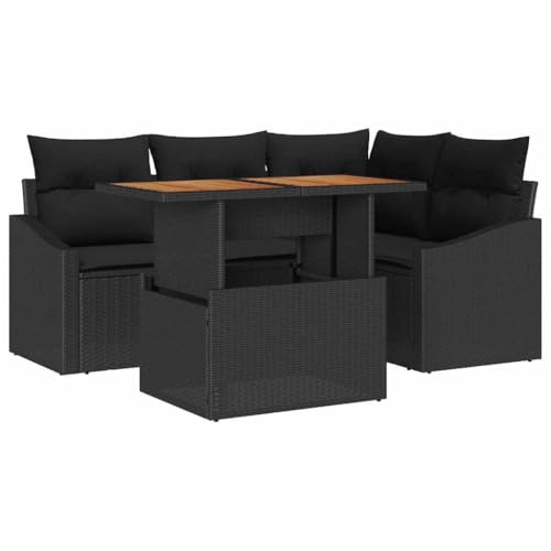 vidaXL 5-delad trädgårdsbordssats med kuddar svart poly rattan akacia