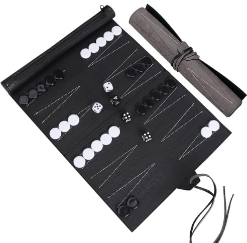 YANGUN Reise Backgammon, Backgammon Brettspiel, Hergestellt Aus Kunstleder, Reisespiel zum Aufrollen, inkl. Zubehör, Schwarz Und Weiß, Spielfeld BxT: 36 x 25 cm