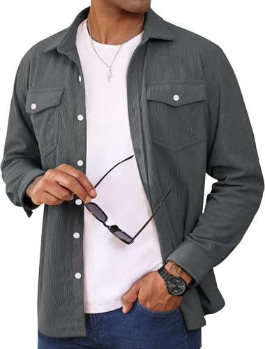 MAGCOMSEN Men's Shirts Jacket Long Sleeve Corduroy Shacket Button Down Casual Overshirt for Men Smart Regular Fit Dark Grey
