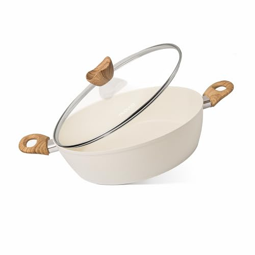Non Stick Cooking Pots with Glass Lid – 4.1 Quart Induction Hob Stock Pot – Kitchen Shallow Casserole Cookware – 30cm, Cream – by Nuovva
