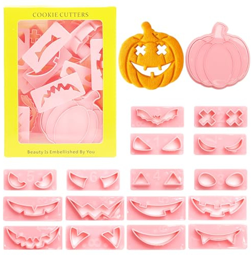 Juego de cortadores de galletas de Halloween, 3D, calabaza y Halloween, 16 piezas cortadores de galletas para niños, cortadores de fondant ideales para accesorios de fiesta, decoración de galletas