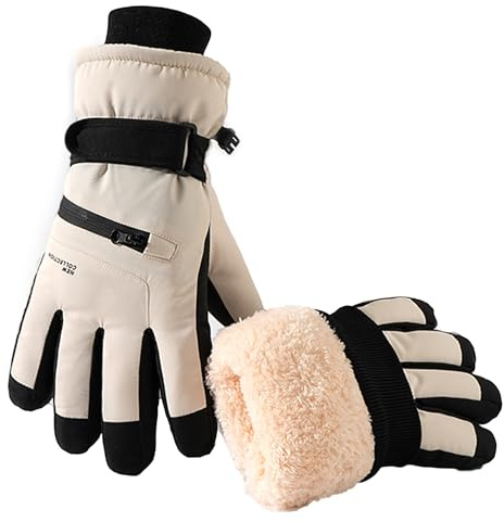 Beige Warm Water-repellent Winter Ski-Gloves for Women Men, Windproof Anti-Slip Snow Gloves with Pocket and Full Touchscreen Fingers for Cold Weather Skiing Driving Snowboarding Hiking Cycling