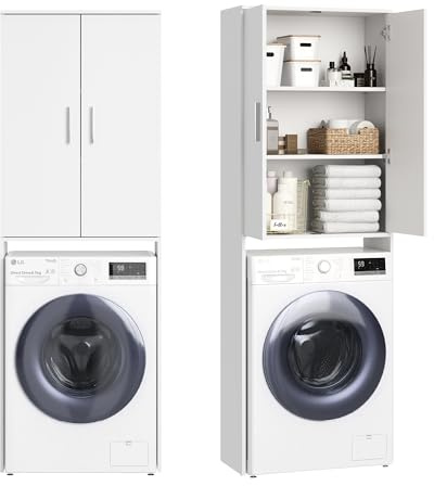 Armadio per lavatrice Armadio da bagno Armadio alto Scaffale per lavatrice - spazio contenitivo salvaspazio e contenitore per bagno, cantina e ripostiglio | 65x30x187 (LxPxA) cm | Bianco