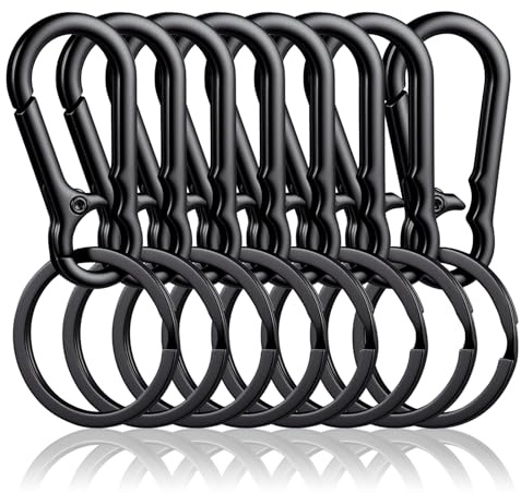 Holtrae Set de 8 Mosqueton Llavero, Minimosquetón Pequeño, Llavero de Aleación de Zinc con Anilla, Mosquetón de Liberación Rápida, Minimosquetón Desmontable, Portallaves Unisex (Negro)