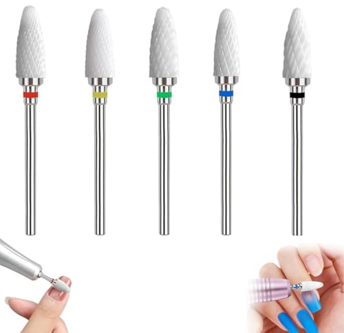 YUVKIN Kit Professionale 5 Pezzi Punta per Unghie in Ceramica, Lime per Acrilico e Gel, Manicure e Pedicure (3/32'' Forma Mais)