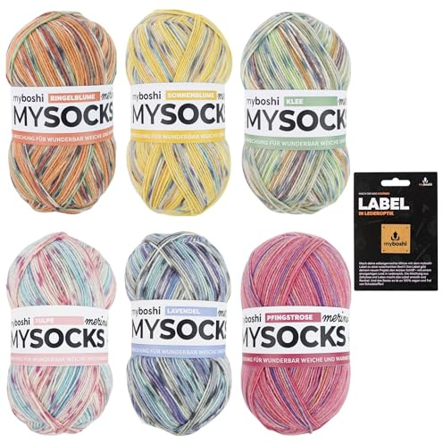 myboshi mysocks Merino Wollpaket Blütenzauber, 4-fädige kuschelweiche Sockenwolle, 6 Knäuel x 100g, Lauflänge 420m 6 Farben 6 Knäuel