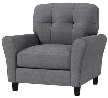 SIMOE 400 lbs Max Load Accent Chair, Modern Mid-Century Linen Living Room Chair with Tufted Back, 7 Thick Cushion and Non-Slip Foot Pads, Upholstered Club Chair for Bedroom, Grey