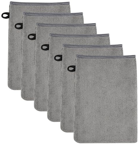 SREBIWO 6 Stück Mikrofaser Waschhandschuhe, 15x21cm Wiederverwendbare Make-up-Entferner-Handschuhe Waschlappen Weiches Gesichtshandschuh Seiftücher mit Aufhängeschlaufen (Grau)