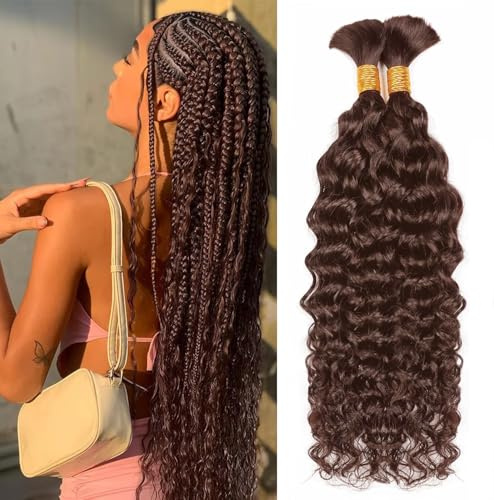 DaiMer Extensions de cheveux humains, en vrac, ondulés, pour tressage, sans trame, 100 g, 100 g, marron foncé, pour tresses bohème, humides et ondulées, #4, 2 paquets 50 g