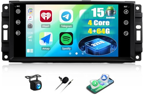 CAMECHO 4G+64G Android 15 Autoradio con Navi para Jeep Wrangler JK/Dodge/Chevrolet/Chrysler, 2 DIN Wireless Carplay Radio con Pantalla de 7 RDS/FM Android Auto Radio con Bluetooth5.0/32EQ +Cámara
