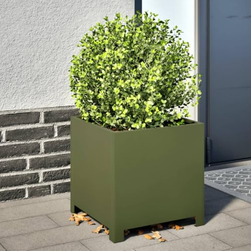 SKTQYQO Jardineras de jardín de 2 piezas de acero verde oliva 40 x 40 x 40 cm, macetas para plantas elevadas con fondo, decoración para balcón y patio, material duradero y resistente a la