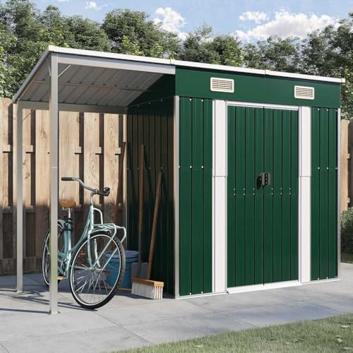 Gartenhaus Mit Schleppdach Grün 277x107x181 cm Stahl, Geräteschuppen Die Hütte Mit Verlängertem Dach, Holzunterstand Draußen Für Brennholz Und Gartengeräte