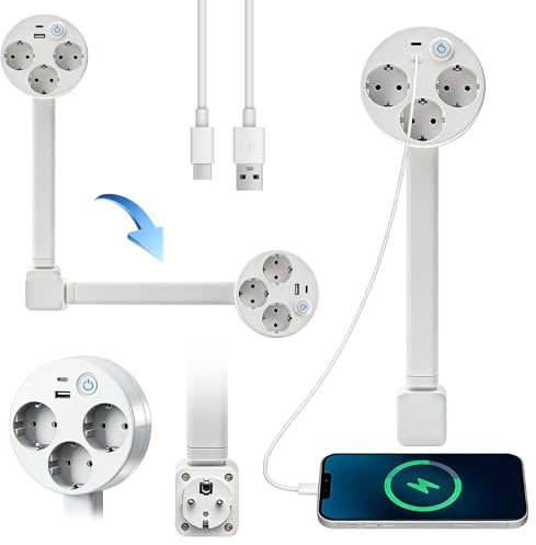 Erweiterbare Steckdosenleiste (45-70cm), 3 Fach Erweiterbare Steckdosenleiste Ausziehbar mit USB C & USB A, 360° Schwenkbar, Steckdosen Verlängerung für Tischplatte, Büro, Küche, Schreibtisch