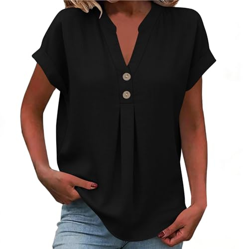 Générique Chemisier Femme Chic et Élégant Chemise Lin Été Chemise Coton à Manches Courtes Chemisier Col V Blouse Casual Haut Basic Tops Couleur Unie Tunique Fluide Haut Décontracté Vetement Noir XXL