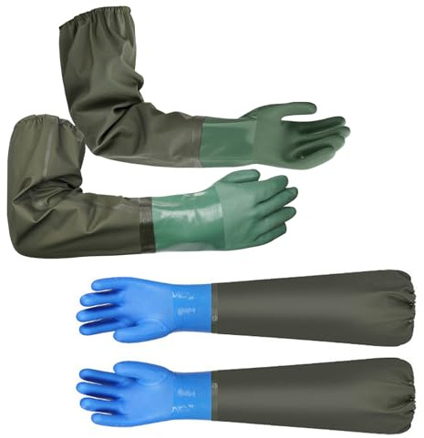 SCUML 2 Pack 27 Pond Gloves, Reusable Long Drain Cleaning Gloves Heavy Duty Waterproof Pond Rubber Glove for Gardening Fishery Aquarium Machinery Industry (Blue & Green)