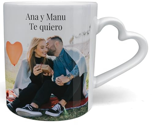 LolaPix Tazas originales para regalar. Taza personalizada con foto y texto. Regalos mujer originales. Regalo madre y padre. Tazas de te. Taza Cerámica 330ml. Taza con asa corazón