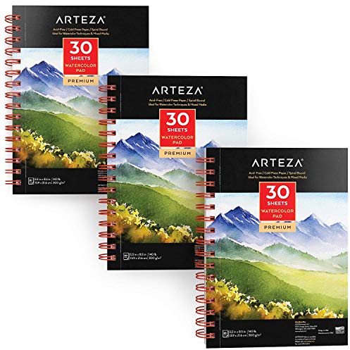 Arteza Aquarellpapier Malblock 3er Set, 30 Blatt 13.9 cm x 21.6 cm je Aquarellblock, 300 g/m² kaltgepresstes säurefreies Wasserfarben Papier für Aquarellmalerei und Mixed Media