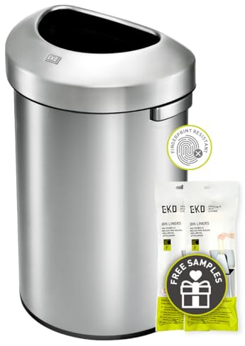 EKO Urban 60L Semi-Round Open Top Rubbish Bin – Stainless Steel Large Capacity Half-Round Commercial Waste Bin for Office, Kitchen, Indoor or Outdoor Use, Brushed Metal for Restaurant or Washroom