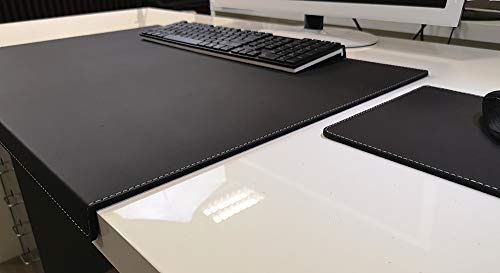 Gewinkelte Schreibtischunterlage mit Kantenschutz + Mousepad Echt Leder Schwarz mit grauer Naht 70 x 47cm Echt Nappaleder glatt