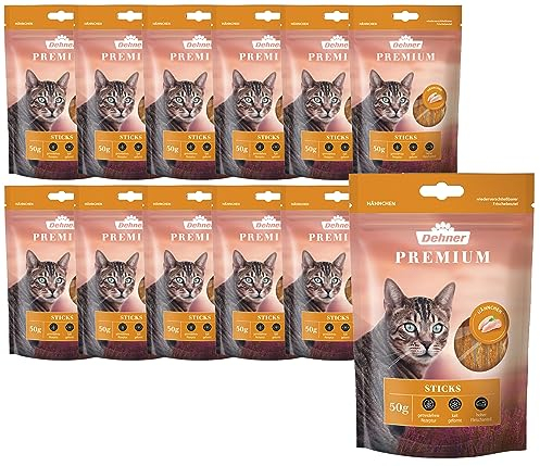 Dehner Premium Katzensnack, Leckerli getreidefrei / zuckerfrei, für ausgewachsene / sensible Katzen, Hähnchenfleisch-Sticks, 12 x 50 g (600 g)