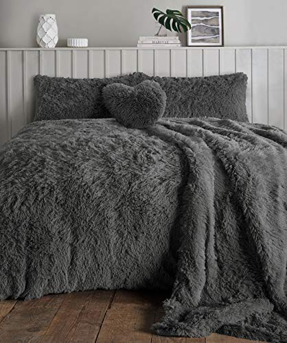 HOMES-LINEN Teddy Bear Fleece Long Fur Cuddles Alaska Luxury Duvet Cover Set Warm Cosy Soft Teddy Bedding Set (Charcoal, Double)