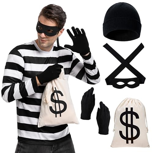 Spooktacular Creations Halloween Adult Robber Costume Ensemble, incluez des sacs de gants de t-shirts et un masque pour les yeux pour la fête d'Halloween-m