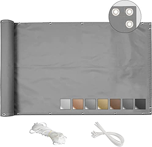 MEEYI balkonumrandung 110x1400cm balkonverkleidung Kunststoff sichtschutz Balkon hoch seitenmarkise Balkon Anti-diebstahl-bildschirmabdeckung pflegeleichtes für terrasse mit ösen und Kordel-Hellgrau
