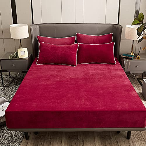 Damier Winter Spannbettlaken 120x200x30cm Rot Weinrot Plüsch Bettlaken Flauschige Cashmere Touch Warme Spannbetttuch Geeignet für 30cm Matratze