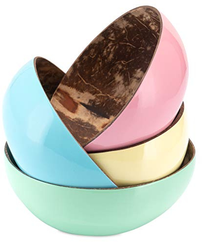 Decorasian Lot de 4 bols en véritable noix de coco - Bol en coco poli à l'intérieur et laqué décoratif à l'extérieur - Jaune, bleu, rose, menthe