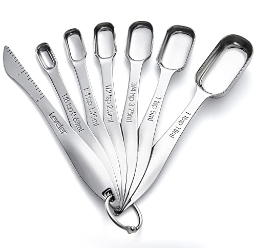 Rainspire Heavy Duty Measuring Spoons Set Stainless Steel, Metal Measuring Cups and Spoons Set for Dry or Liquid, Fits in Spice Jar, Home Gadgets Kitchen Gadgets, Set of 7 Including Leveler
