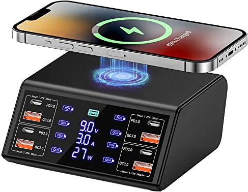 Braveking1 Stazione di Ricarica con 15W Caricatore Wireless, 8 Porte Base di Ricarica (18W QC 3.0 e 27W PD) Caricatore USB Multiplo con LED Schermo USB Charger per iPhone iPad Samsung Smartphone