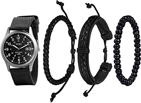 Avaner 4er Herren Uhr mit Armband Set Klassik Sport 24H Zifferblatt Kalenderfunktion Nylon Quarzuhr mit Buddha Perlen Geflochtene Lederschnur Armband Uhr für Männer Herren