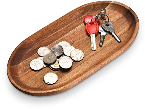 QSIDE Dekotablett Akazie Rund -30x15x2 cm- Holztablett Deko länglich - Serviertablett Holz - Holzbrett Deko - Holztablett Deko - Dekotablett Holz länglich - Serviertablett Klein