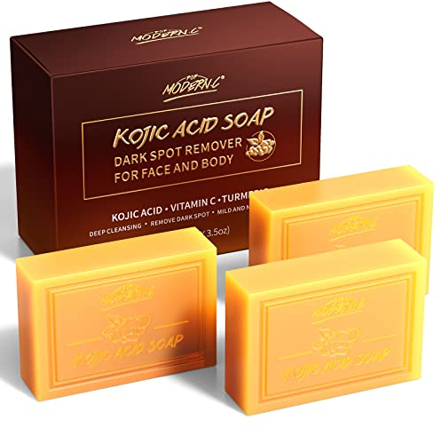 Kojic Acid Soap, with Turmeric & Vitamins C, Dark Spot Remover for Face and Body, 100g x3 Moisturizing for Acne Blackheads Remover, Hyaluronic Acid for Deep Cleansing, with a Mesh Pouch
