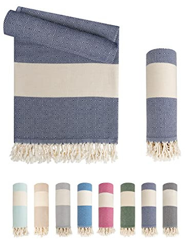 LAYNENBURG Premium Hamamtuch mit handgeknüpften Fransen - 100% Baumwolle - XXL Strandtuch 95x180 cm - Oeko TEX 100 - Strand-Handtuch Karomuster groß - Reisehandtuch & Saunatuch (Marineblau)