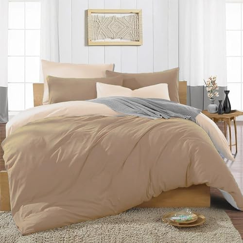 Ev Dekor® Duvet Cover Set Double Beige Cream - Soft Microfibre Polyester Plain Dyed Reversible Double Duvet Set with Pillow cases - Bedding Quilt Covers Bedsheets
