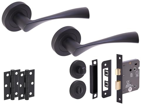 Hunta HANDLEZONE® Zena Door Handles on Rose Bathroom Lock Pack with Ball Bearing Hinges - Black Matt