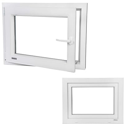 Kunststofffenster PVC Wärmedämmend Fenster Garagenfenster Kellerfenster Billig Günstig Alup Neo Energeto Dreh Kipp 2-Fach Verglasung Innen und Außen Weiss 80x40cm 800x400mm DIN Links Hersteller