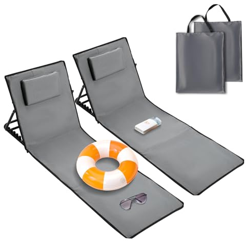 Ikodm Strandmatte 2X, Strandliege klappbar leicht, Strandmatte Faltbar mit 5-stufig Verstellbarer Rückenlehne, Tragbar, inklusive Tragetasche, Beachmatte für Urlaub, Garten, Camping -Grau