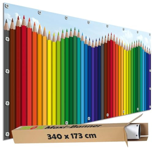 TRIOSK Sichtschutz Plane groß mit Motiv Buntstifte Regenbogen - Blickdichte PVC Zaunblende für Garten, Terrasse & Zaun - Motivbanner Zaunplane Gartendeko 340x173 cm