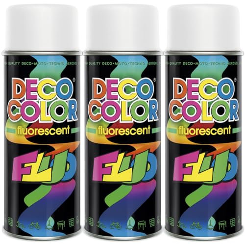 Deco Color 3er Sparpack Lackspray Neon WEISS 400ml - fluoreszierender ACRYL - Sprühlack in leuchtenden Farben (3 Dosen 400ml Neon Weiss)