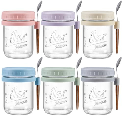 6 Pack Overnight Oats Containers with Lids and Spoons, 16 oz Glass Mason Overnight Oats Jars, Large Capacity Airtight Jars for Milk, Cereal, Fruit