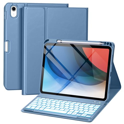 drivego Hülle mit Tastatur für iPad A16 11. 2025/10. 2022 (11/10.9 Zoll) | 7-farbige Beleuchtung Magnetische Abnehmbare Tastatur für iPad 11/10 Generation Hülle mit Stifthalter, Blau