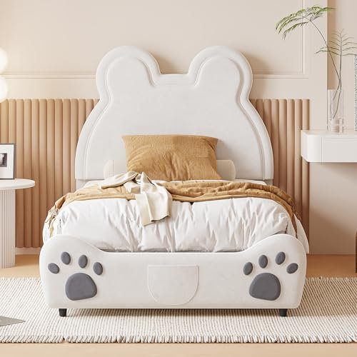 MQLAE Kinderbett Polsterbett 90x200 mit Lattenrost, für Mädchen & Jungen, Cartoon Bärenform Kinder Bett, Einzelbett Bettgestell Jugendbett Bettrahmen aus hautfreundlichem Samt, Weiß